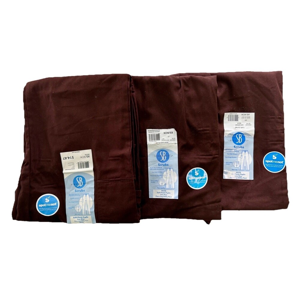 3 Pairs Petite Dark‎ Espresso Brown Elastic Back Drawstring Scrub Pants XSP New